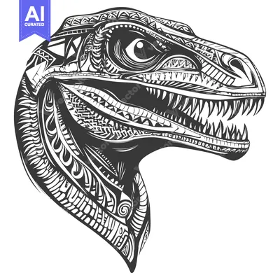 Aset desain premium: Ornamental Black and White Dinosaur Head Illustration
