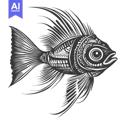 Aset desain premium: Ornamental Black and White Fish Illustration