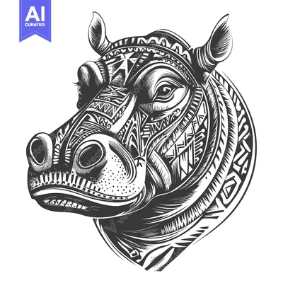 Aset premium populer: Ornamental Black and White Illustration of a Hippopotamus Head