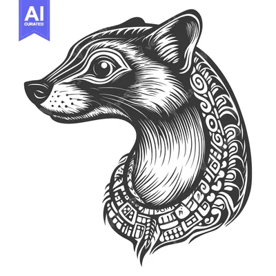 Premium design asset: Ornamental Black and White Illustration of a Raccoon's Head