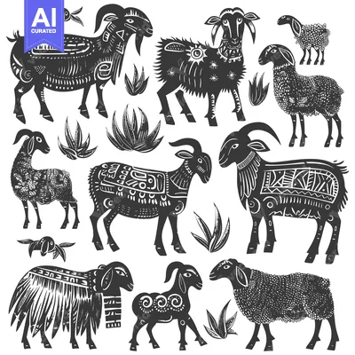 Aset desain premium: Ornamental Black And White Sheep And Goats