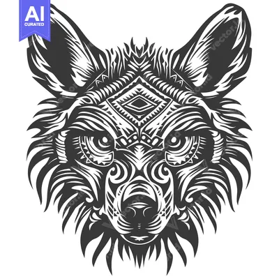 Premium design asset: Ornamental Black and White Wolf Head Illustration