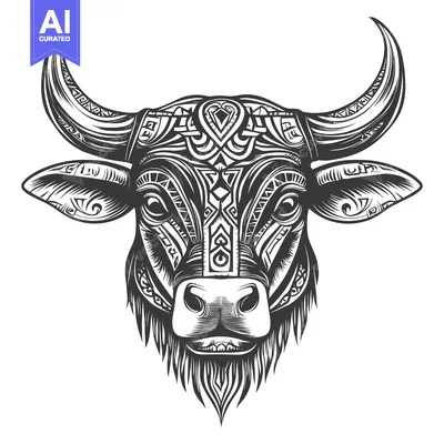 Aset desain premium: Ornamental Bull Head with Horns and Tribal Patterns