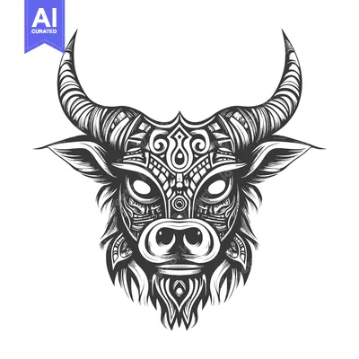 Aset desain premium: Ornamental Bull Head with Intricate Patterns and Horns