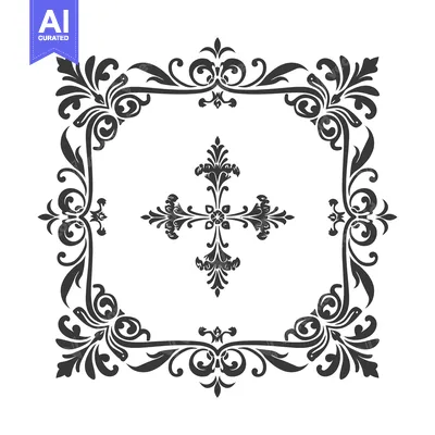 Aset desain premium: Ornamental Floral Frame with a Cross at the Center