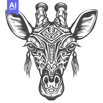 Aset desain premium: Ornamental Giraffe Head with Detailed Patterns and Tassels