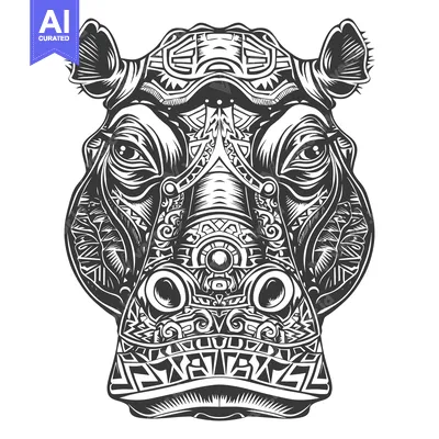 Aset desain premium: Ornamental Hippopotamus Head with Intricate Patterns