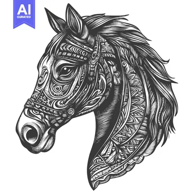 Aset premium populer: Ornamental Horse Head Illustration in Black and White