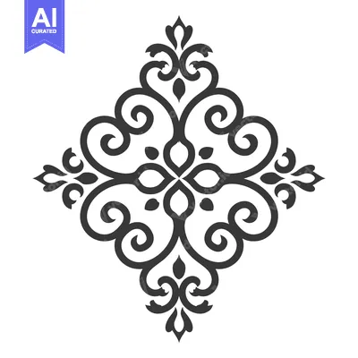 Aset desain premium: An ornate symmetrical decorative design with flowing scrolled shapes