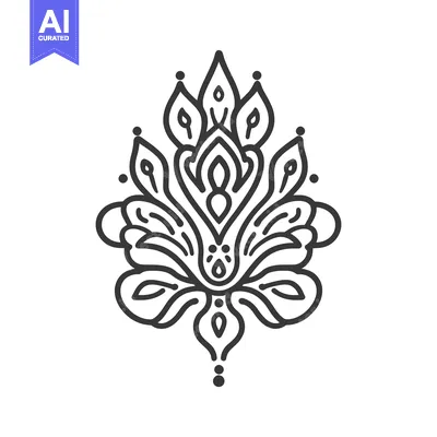 Aset desain premium: A symmetrical floral design composed of elegant black lines on white