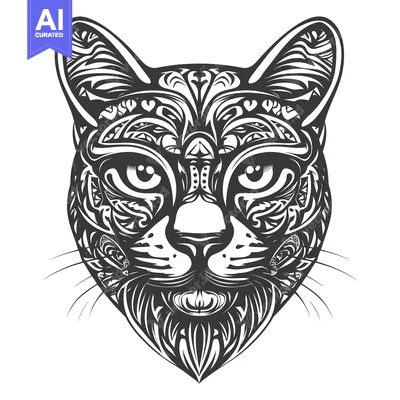 Aset desain premium: Ornamental Patterned Cat Head with Whiskers