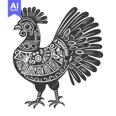 Aset desain premium: Ornamental Rooster with Intricate Black and White Pattern