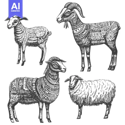 Aset desain premium: Ornamental Sheep and Goats Illustration