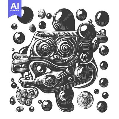 Aset desain premium: Ornate Ancient Mayan-Style Deity Mask with Bubbles