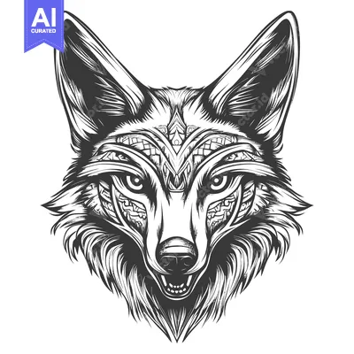 Aset desain premium: Ornate and Detailed Black and White Illustration of a Wolf's Face