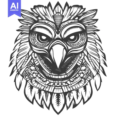 Aset desain premium: Ornate and detailed black and white owl head with feathers and intrica