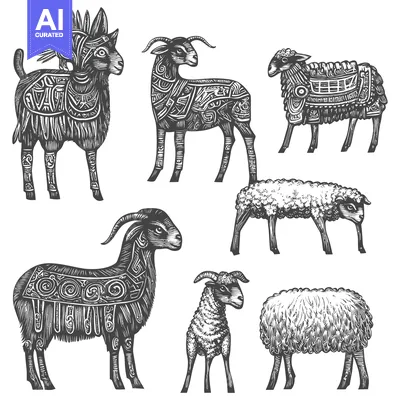 Aset premium populer: Ornate and Plain Sheep and Goats in Black and White Woodcut Style