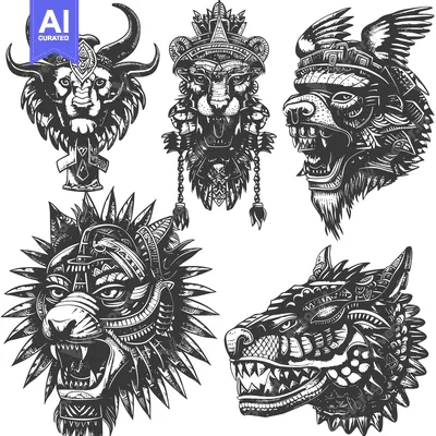 Aset desain premium: Ornate Animal Heads with Geometric and Tribal Designs