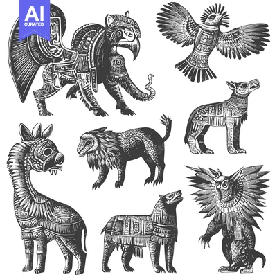 Aset premium populer: Ornate Animal Illustrations in a Traditional Aztec Style