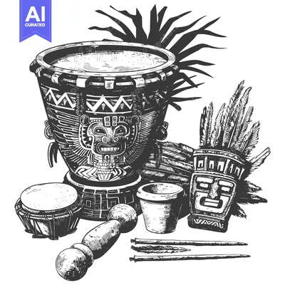 Aset premium populer: Ornate Aztec Ceremonial Drums, Mask, and Utensils