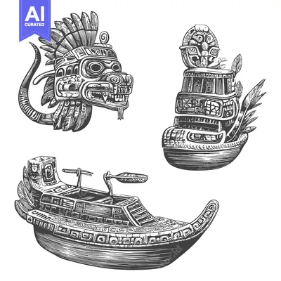 Aset desain premium: Ornate Aztec Designs: A Head, Boat, and Building Illustration