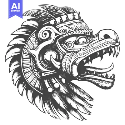 Ornate Aztec-Inspired Feathered Dragon Head with Fangs