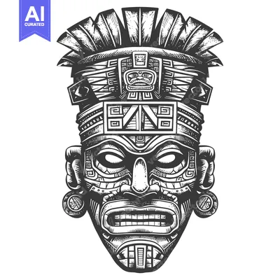 Aset desain premium: Ornate Aztec Mask with Feathered Headdress