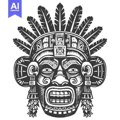 Premium design asset: Ornate Aztec Mask with Feathers and Geometric Patterns