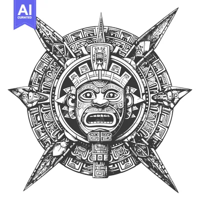 Aset desain premium: Ornate Aztec Mask with Geometric Pattern and Four Pointed Star