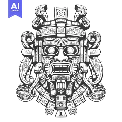 Aset desain premium: Ornate Aztec Mask with Geometric Patterns and Intricate Details