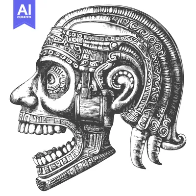 Ornate Aztec Skull with Detailed Carvings and Open Mouth