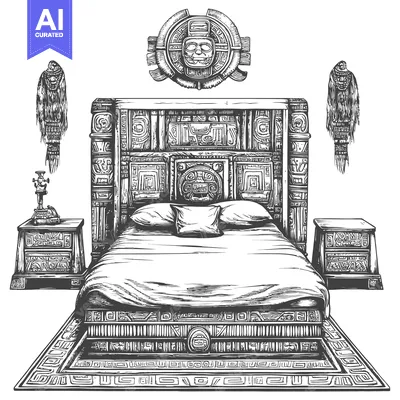 Ornate Aztec-Style Bed with Carved Headboard and Nightstands