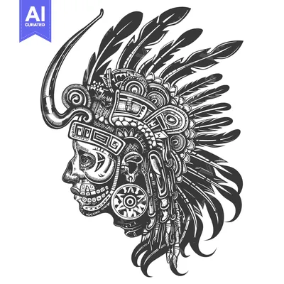 Premium design asset: Ornate Aztec Warrior Head with Feathers and Skull