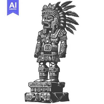 Aset desain premium: Ornate Aztec Warrior Statue With Feathered Headdress