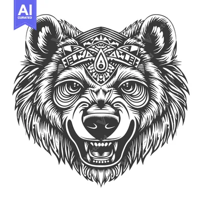 Premium design asset: Ornate Bear Head with Open Mouth and Tribal Headband