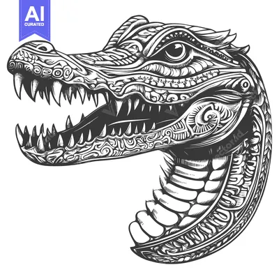 Ornate Black and White Alligator Head with Open Mouth