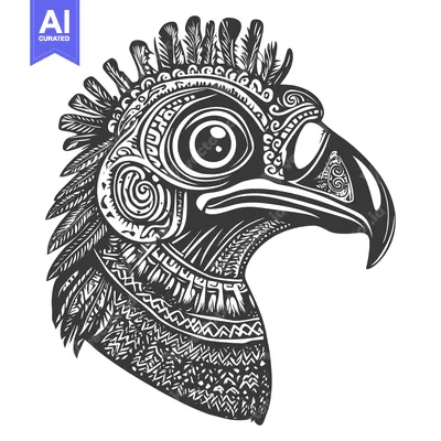 Aset desain premium: Ornate Black and White Bird Head with Feathers