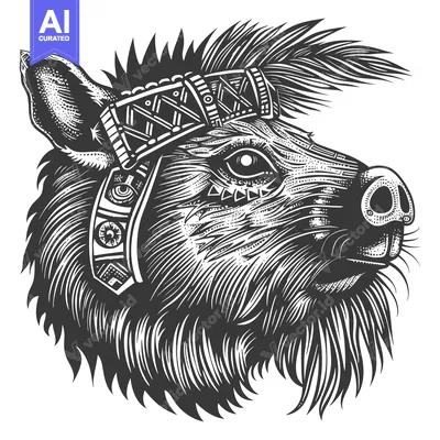 Aset desain premium: Ornate Black and White Boar Head Illustration