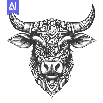 Aset premium populer: Ornate Black and White Bull Head Illustration