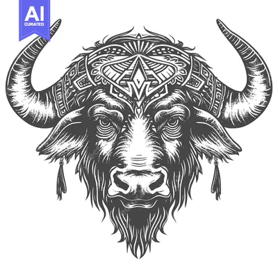Aset desain premium: Ornate Black and White Bull Head with Intricate Design