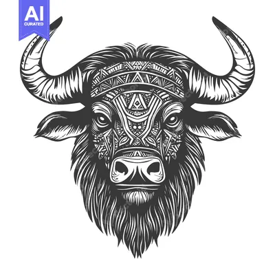 Aset desain premium: Ornate Black and White Bull Head with Tribal Pattern
