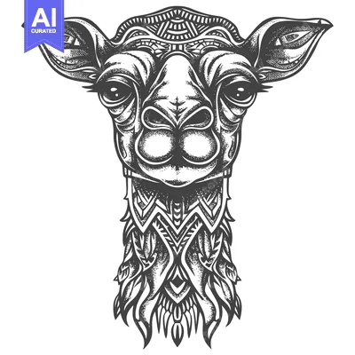 Premium design asset: Ornate Black and White Camel Head with Detailed Pattern