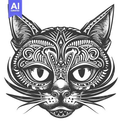 Premium design asset: Ornate Black and White Cat Face Illustration
