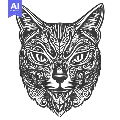 Aset premium populer: Ornate Black and White Cat Head Illustration