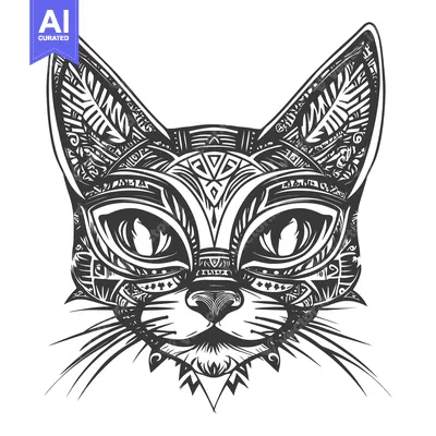 Aset desain premium: Ornate Black and White Cat Head Illustration