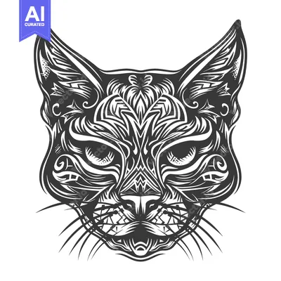 Aset premium populer: Ornate Black and White Cat Head Illustration