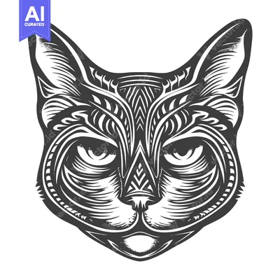 Aset premium populer: Ornate Black and White Cat Head with Detailed Fur Pattern