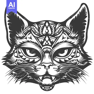 Aset premium populer: Ornate Black and White Cat Head with Sharp Fangs and Intricate Detaili
