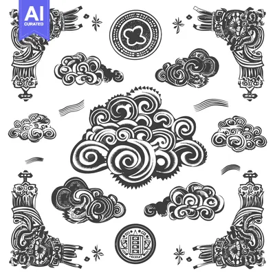 Aset premium populer: Ornate Black and White Clouds, Corners, and Symbols