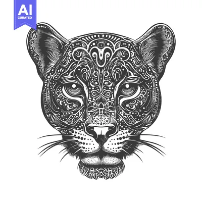 Aset desain premium: Ornate Black and White Cougar Head Illustration